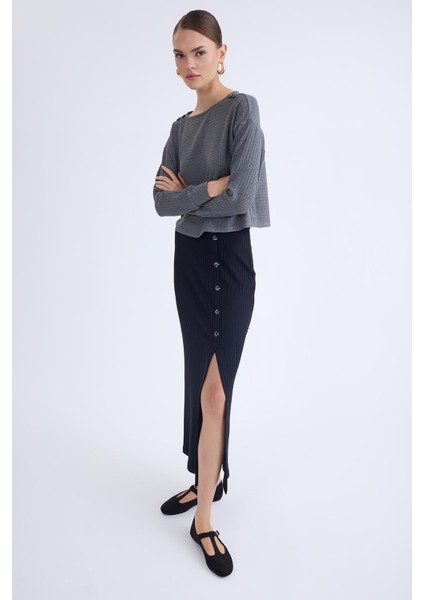 Önü Düğmeli Midi Boy Fitilli Etek indirimleri