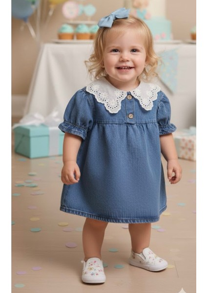 Beyaz Yakalıklı Kız Çocuk Kot Elbise