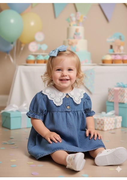 Beyaz Yakalıklı Kız Çocuk Kot Elbise fiyatları