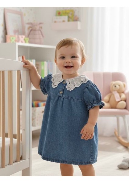 Beyaz Yakalıklı Kız Çocuk Kot Elbise modelleri