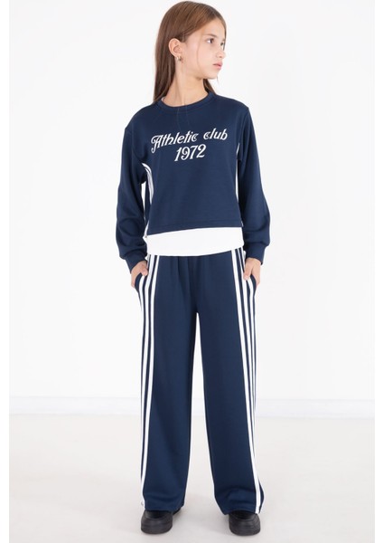 Lacivert Şerit Detaylı Yazılı Geniş Paça Kız Çocuk Takım 22774