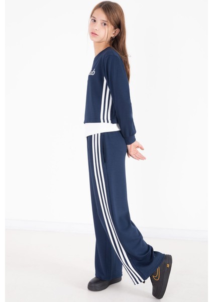 Lacivert Şerit Detaylı Yazılı Geniş Paça Kız Çocuk Takım 22774 modelleri
