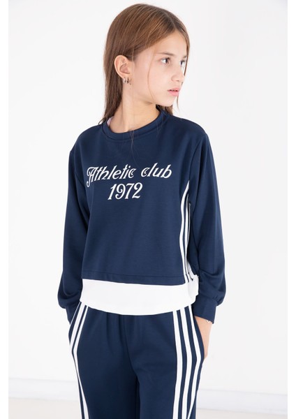 Lacivert Şerit Detaylı Yazılı Geniş Paça Kız Çocuk Takım 22774 indirimleri