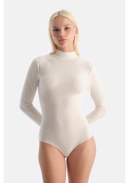 Ekru 5018KC Modal Kaşmir Uzun Kollu Balıkçı Yaka Bodysuıt