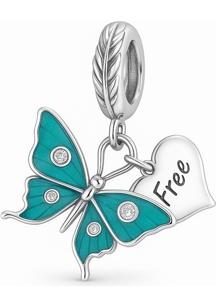 925 Ayar Gümüş Zarif Ay Işığı Turkuaz Kelebek Gümüş Charm