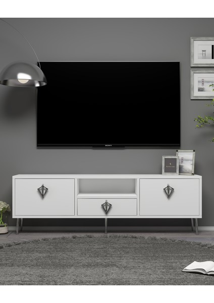 1313DROPDH-32 Tv Sehpası Beyaz-Gümüş Kulp