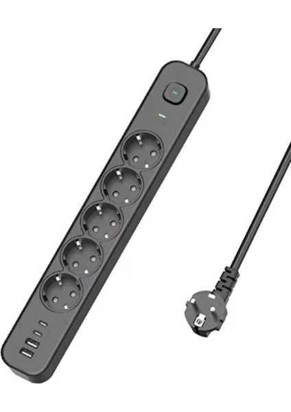 5 Prizli Akım Korumalı Uzatma Kablosu | 2xusb-A + 2xusb-C | 3680W - 2m Kablo