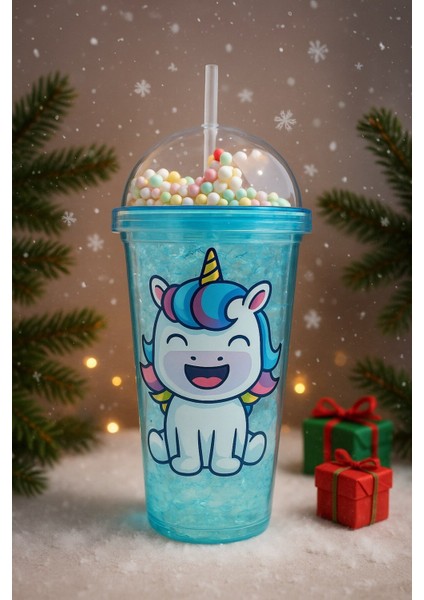 Renkli Boncuklu Unicorn Tasarımlı Pipetli Içecek Bardağı çocuklar Için Sevimli SULUK MAVI 2646