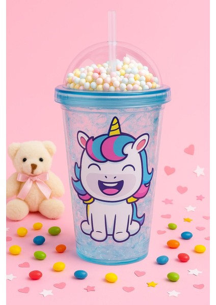 Renkli Boncuklu Unicorn Tasarımlı Pipetli Içecek Bardağı çocuklar Için Sevimli SULUK MAVI 2646 modelleri