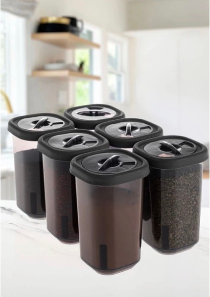 6'lı Kilitlenebilir Hava Almaz Kapaklı Tuzluk Baharatlık Seti-Baharatlık Saklama Kabı Siyah
