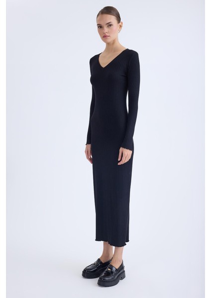 V Yaka Uzun Kol Fitilli Elbise modelleri