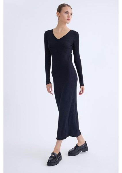 V Yaka Uzun Kol Fitilli Elbise indirimleri