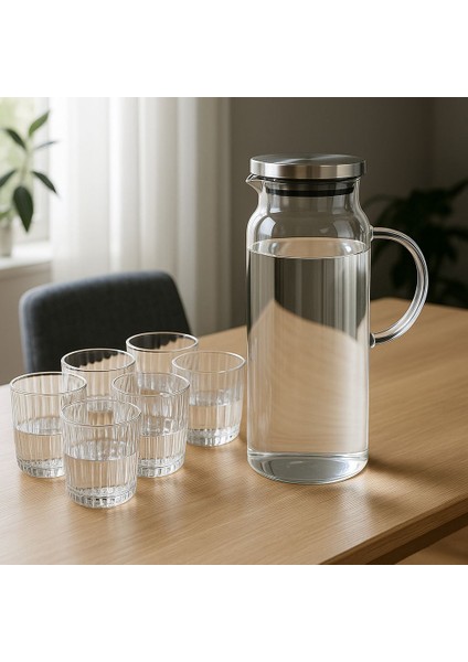 7 Parca Su Setı-Borosilikat Sürahı 1500 ml (1 Adet)+ 6 Adet 280 ml Su Bardağı