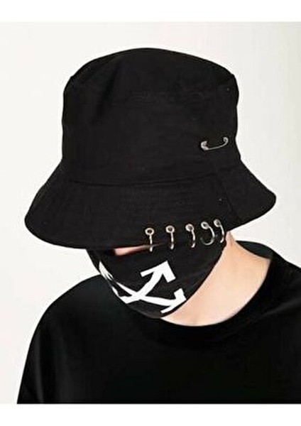 Piercingli Iğneli Beş Halkalı Kova Şapka Pamuklu Siyah Desenli Erkekler İçin fiyatları