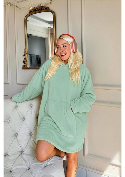 Mint Yeşili Kapşonlu Tam Peluş Oversize Sweat Panço Pijama modelleri