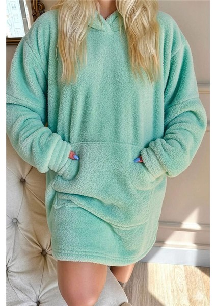 Mint Yeşili Kapşonlu Tam Peluş Oversize Sweat Panço Pijama indirimleri