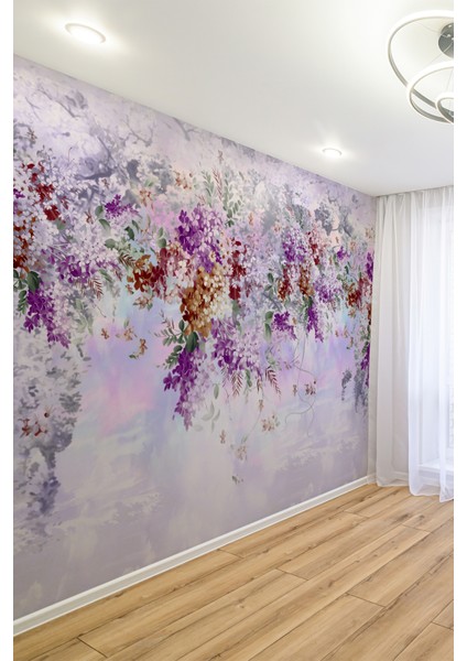 Mor ve Pembe Çiçek Desenli Tekstil Duvar Kağıdı