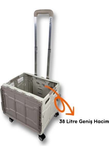 4 Tekerlekli Gri, 38L Orta Boy, Hareketli Alüminuyum Tutacaklı Alışveriş Arabası - 55MM. Büyük Tekerlekli