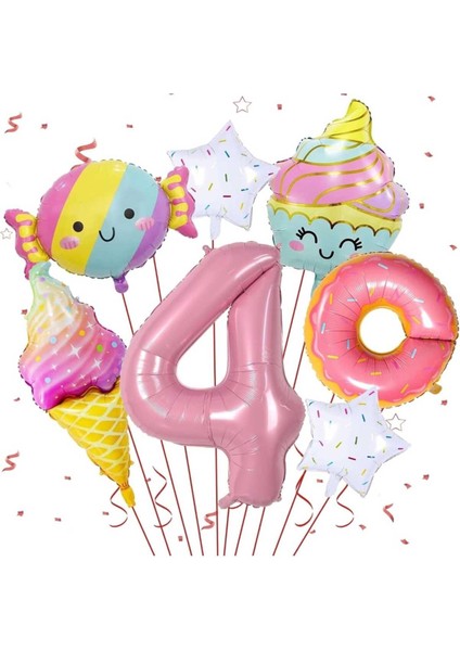 Pembe Donut Numaraları Folyo Balonlar Şeker Pentagram Gökkuşağı Dondurma Set 7 Parça