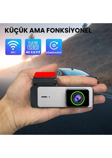 4K Wi-Fi Araç Kamerası – G-Sensörlü, Gece Görüşlü, Döngü Kayıt Özellikli, 360° Dönebilir Lensli Dash Cam