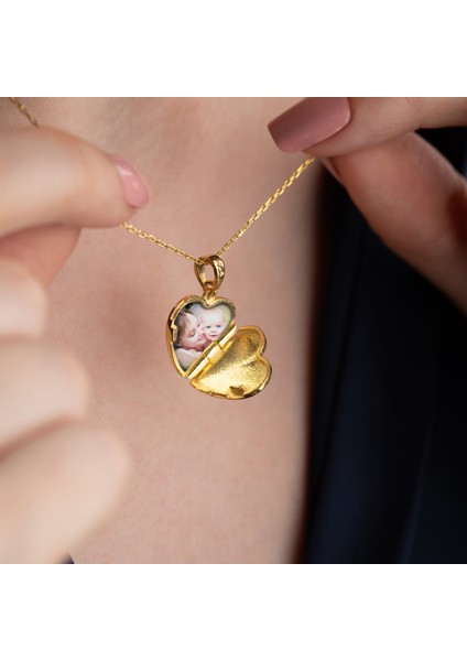 925 Ayar Gümüş Fotoğraflı Kişiye Özel Isimli Gold Kalp Kolye