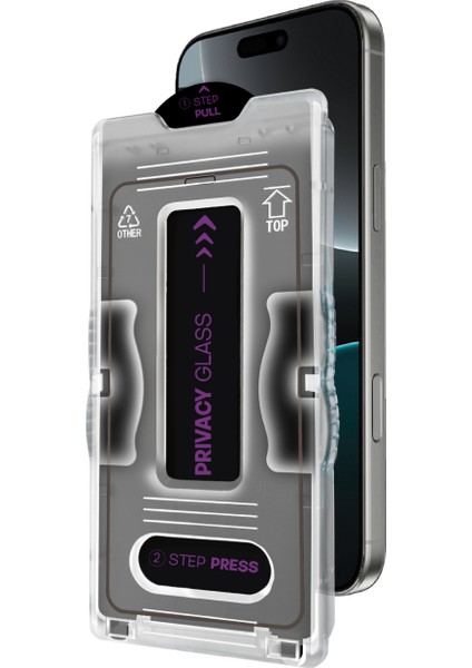 MG035-026 iPhone 15 Hayalet Görünümlü Mekanizmalı Temperli Cam Ekran Koruyucu