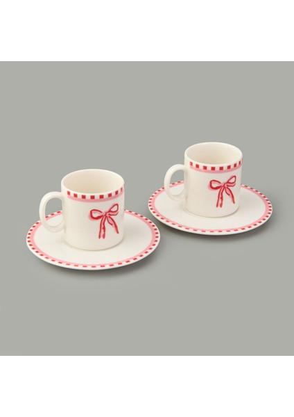Kitchen Ribbon 2'li Porselen Kahve Fincanı Takımı - Pembe / Beyaz - 110 ml