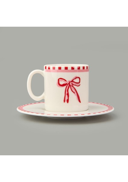 Kitchen Ribbon 2'li Porselen Kahve Fincanı Takımı - Pembe / Beyaz - 110 ml modelleri