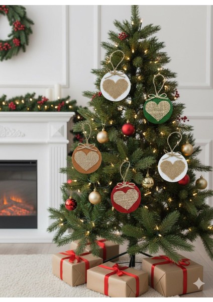 El Yapımı Yılbaşı Ağacı Süsü, Çam Ağacı Süsü, Noel Ağacı Süsü, 5'li Keçe Jüt Kalpli