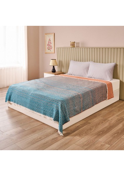 Soft Zemira Pamuklu Çift Kişilik Battaniye - Mavi / Turuncu - 200X220 cm