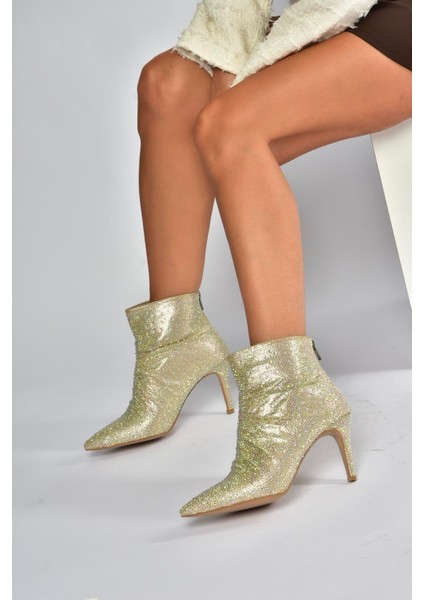 V572127214 Altın Sim Taşlı Ince Topuklu Abiye Bot