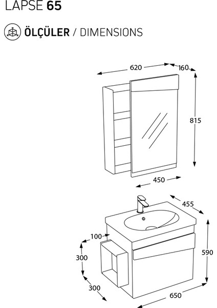 Pierre Cardin Biani Lapse 65CM Beyaz Banyo Dolabı (Ayna,lavabo,alt Dolap)