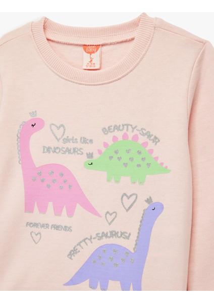 Uzun Kollu Bisiklet Yaka Dinozor Baskılı Şardonlu Pamuklu Sweatshirt modelleri