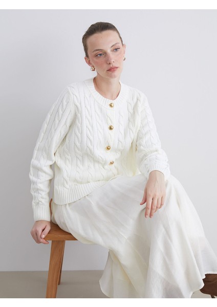 Yeni Sezon Bisiklet Yaka Kendinden Desenli Kadın Triko Hırka