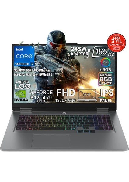 Loq 17IRX10 Intel Core I7 14700HX 24GB 1tb SSD Rtx 5070 8gb (115W) 17,3" Fhd 165Hz IPS Panel Freedos Taşınabilir Bilgisayar 83JH006HTR
