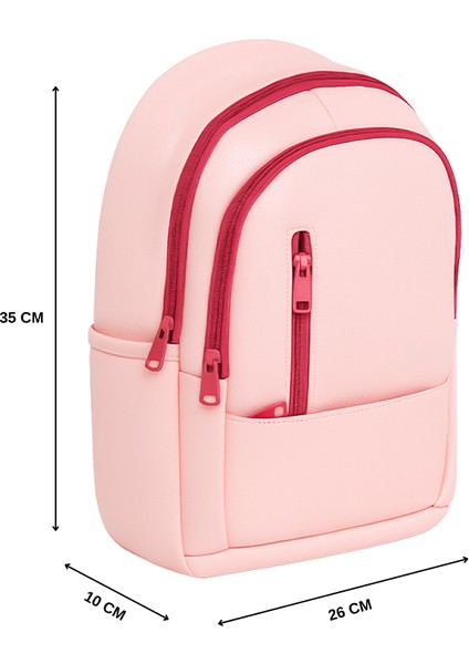 Suni Deri Dört Gözlü Sırt Çantası Pembe