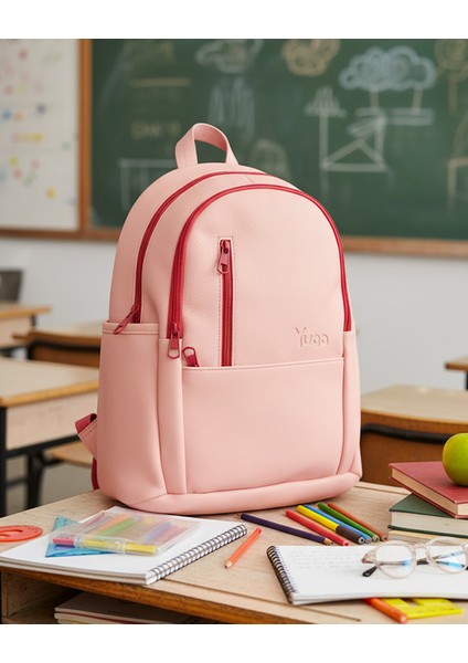 Suni Deri Dört Gözlü Sırt Çantası Pembe