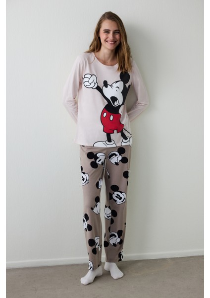 Bej Mickey Mouse Baskılı Bisiklet Yaka Pamuklu Uzun Kollu Pijama Takımı