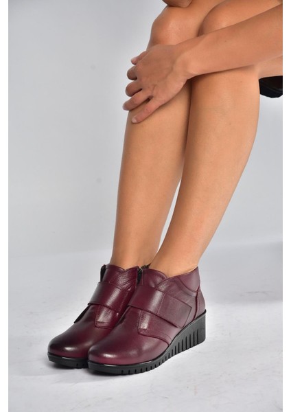 V324501903 Bordo Hakiki Deri Cırtlı Kadın Bot