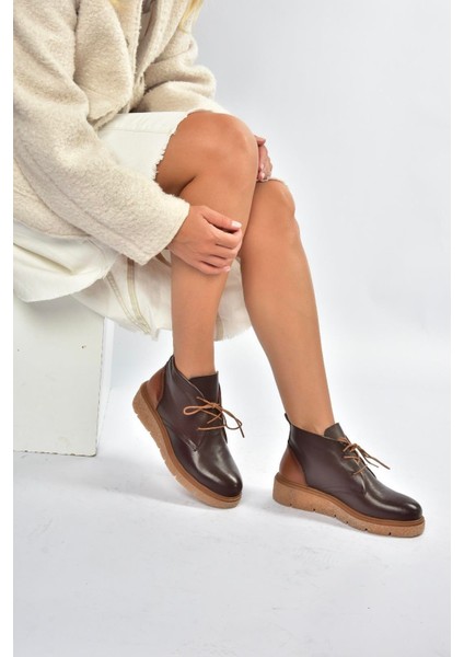 V555011003 Kahverengi Hakiki Deri Comfort Ortopedik Taban Bağcıklı Kadın Bot