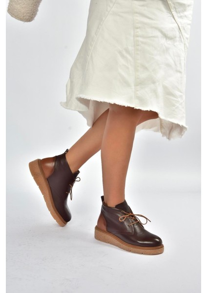 V555011003 Kahverengi Hakiki Deri Comfort Ortopedik Taban Bağcıklı Kadın Bot fiyatları