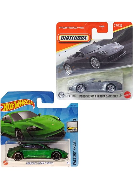 2 Araç Set - Hot Wheels Porsche Taycan Turbo S - Yeşil & Matchbox Porsche 911 Carrera Cabriolet - Gri (1/64)