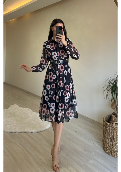 Kadın Desenli Gömlek Yaka Midi Elbise NM011 modelleri
