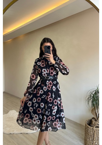 Kadın Desenli Gömlek Yaka Midi Elbise NM011 fırsatları