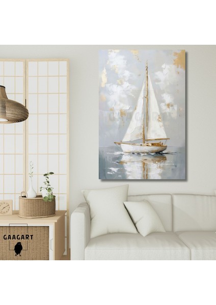 Tekli Dikey Kanvas Tablo Gold Beyaz Yağlı Boya Görünümlü Yelkenli