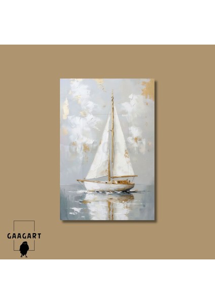 Tekli Dikey Kanvas Tablo Gold Beyaz Yağlı Boya Görünümlü Yelkenli modelleri