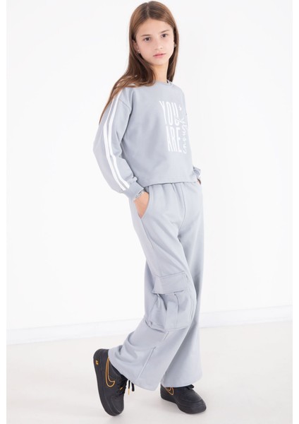 Gri Yazı Baskılı Kargo Cep Detaylı Kız Çocuk Takım 22777