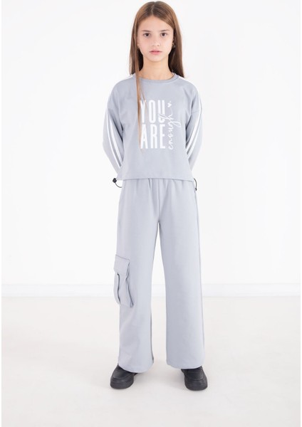 Gri Yazı Baskılı Kargo Cep Detaylı Kız Çocuk Takım 22777 modelleri