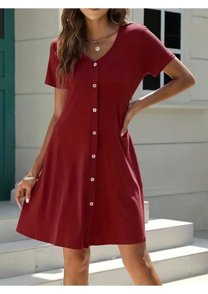 Kadın Kısa Kollu V Yaka Önü Düğmeli Viskon Elbise
