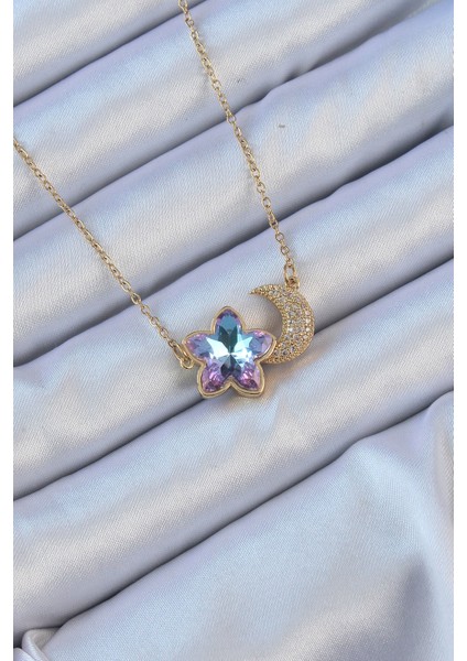 316L Çelik Zincir Altın Renk Ay Tasarımlı Renkli Zirkon Taşlı Çiçek Ke